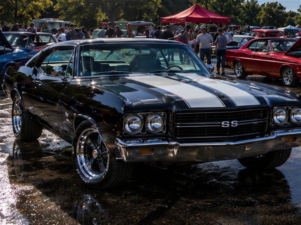 Rows of muscle cars and classic cars parked up at a car show, hoods open, crowd walking the aisle